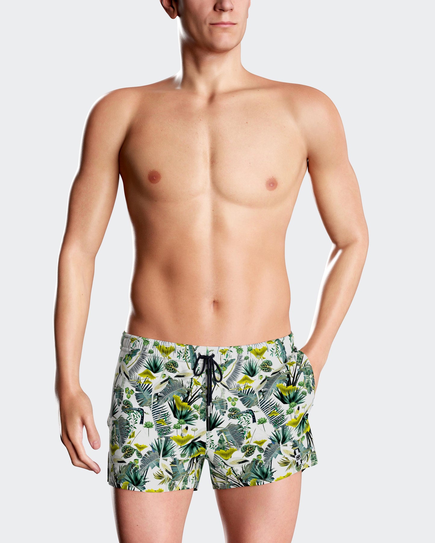 Bañador short corto con estampado de jungla verde sobre fondo blanco de Impetus IM1930N1700